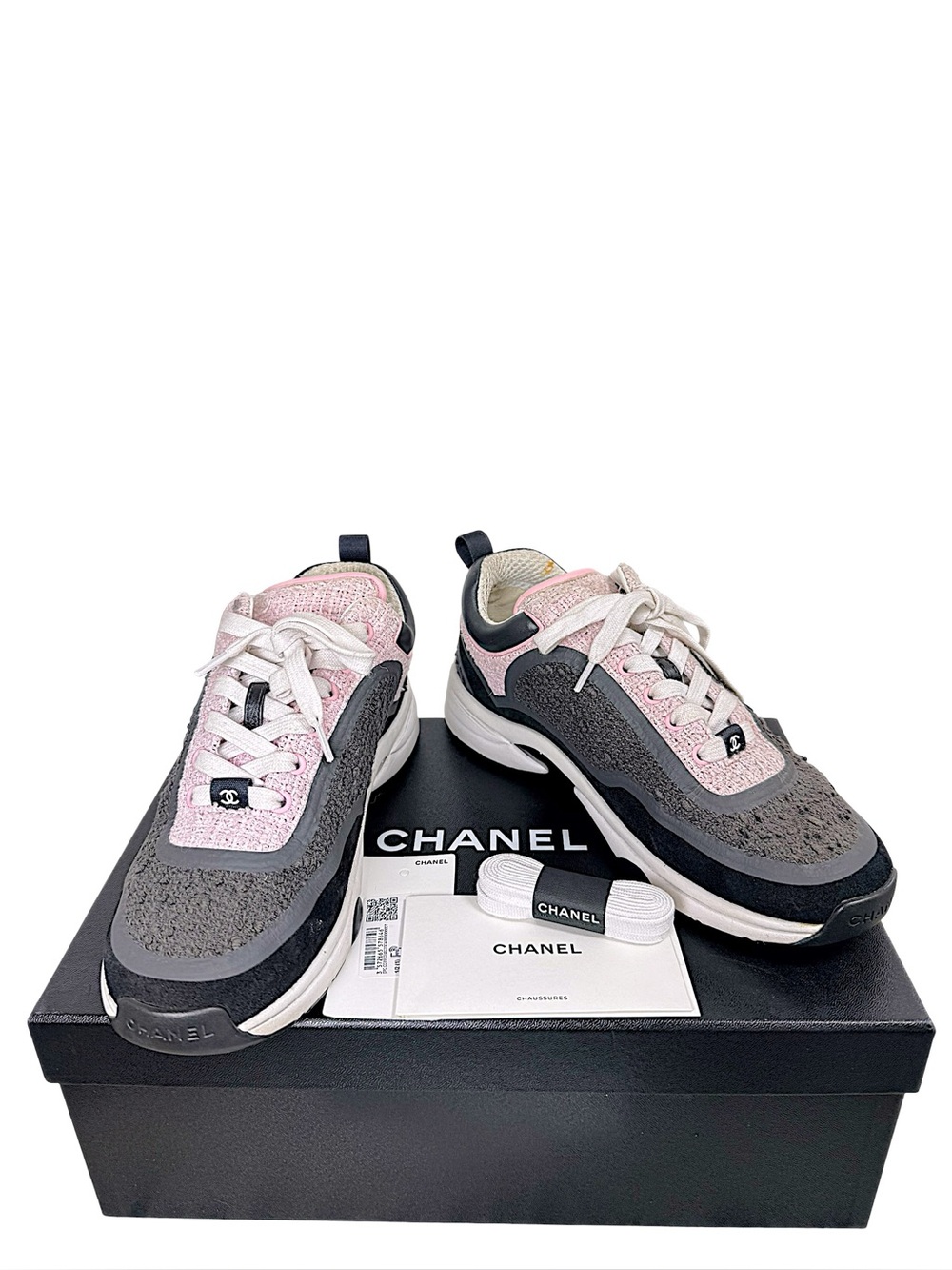 Chanel 2021 Pink Grey Tweed CC Sneakers 37.5